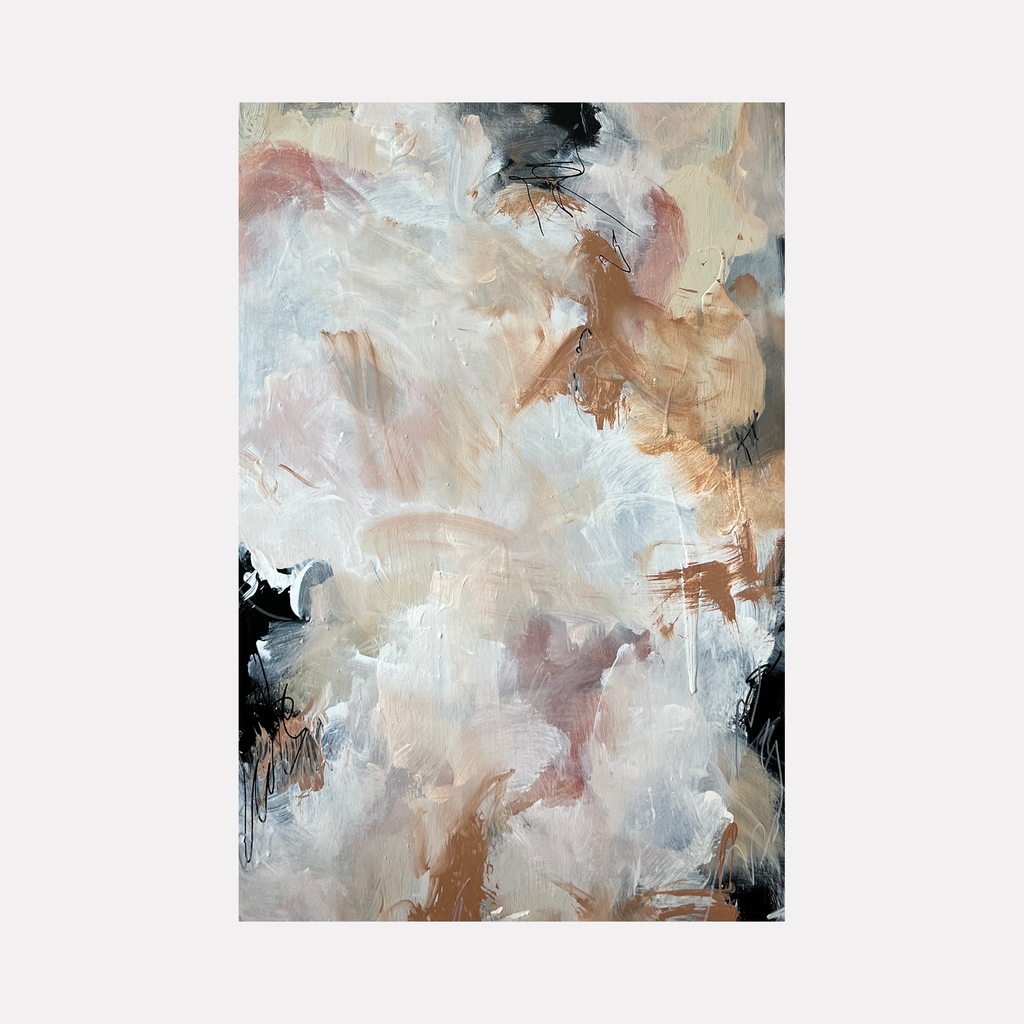 The artwork 'Ceiling' by Kyria Fortina features ethereal abstract brushstrokes in soft peach, white, and black tones. Dynamic acrylic textures create a dreamy, cloud-like effect on stretched canvas, with fluid movement and gentle color transitions. Bold black accents frame the composition's 36x24 inch dimensions, adding dramatic depth and contrast.