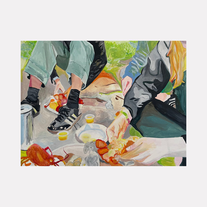 The artwork 'Claws' by Ellery Harkness depicts a casual dining scene with seafood, featuring vibrant acrylic paint strokes on wood panel. The composition shows legs in denim and black sneakers around a messy table with red crabs and yellow butter sauce, rendered in an energetic contemporary style with bold colors and loose brushwork. 18x24 inches acrylic painting by Ellery Harkness.