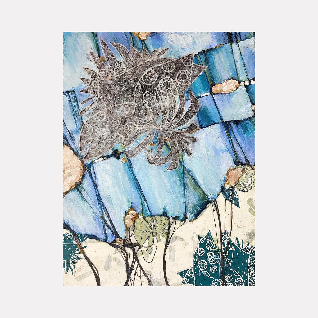 The artwork 'Clear Skies' by Christina Massey features an abstract floral composition with a large, intricate silver-gray bloom dominating the center, set against fragmented geometric shapes in varying shades of blue. Delicate linear elements and organic patterns create movement, while subtle peach and teal accents complement the cool color palette. Mixed media technique on panel showcases textural details and decorative motifs.