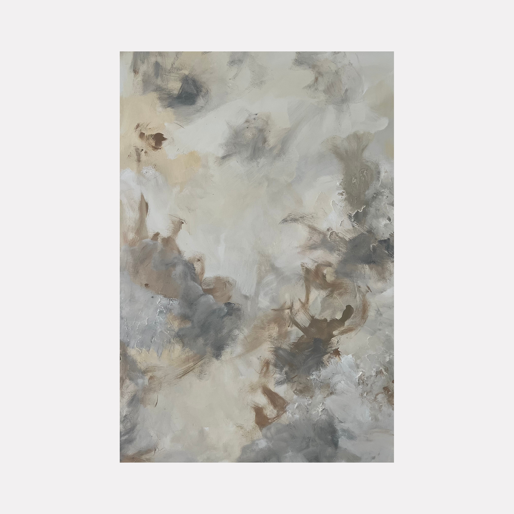 The artwork 'Clouds' by Kyria Fortina features ethereal abstract swirls of stormy grays, soft beiges, and misty whites blending seamlessly on canvas. Textured brushstrokes create a dreamy atmospheric effect, reminiscent of turbulent skies and billowing clouds. The 36x24 inch acrylic painting showcases dynamic movement and delicate color transitions.