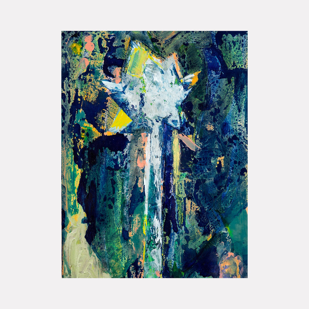The artwork 'Cyanotype I' by Molly Herman features a dynamic abstract composition with bold navy blues and deep teals, punctuated by vibrant yellow and coral accents. A central white gestural form rises vertically, suggesting organic movement against a textured background of layered oil and water-based pigments on birch panel.