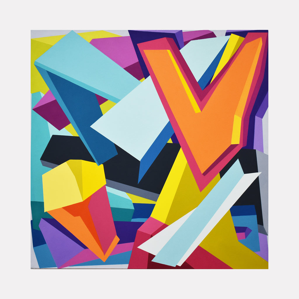 The artwork 'Daily Suggestion' by Kati Vilim features dynamic geometric shapes in vibrant colors, including turquoise, orange, yellow, purple, and pink. Abstract angular forms create a bold composition with overlapping elements, showcasing a contemporary hard-edge painting style executed in oil on canvas over panel.