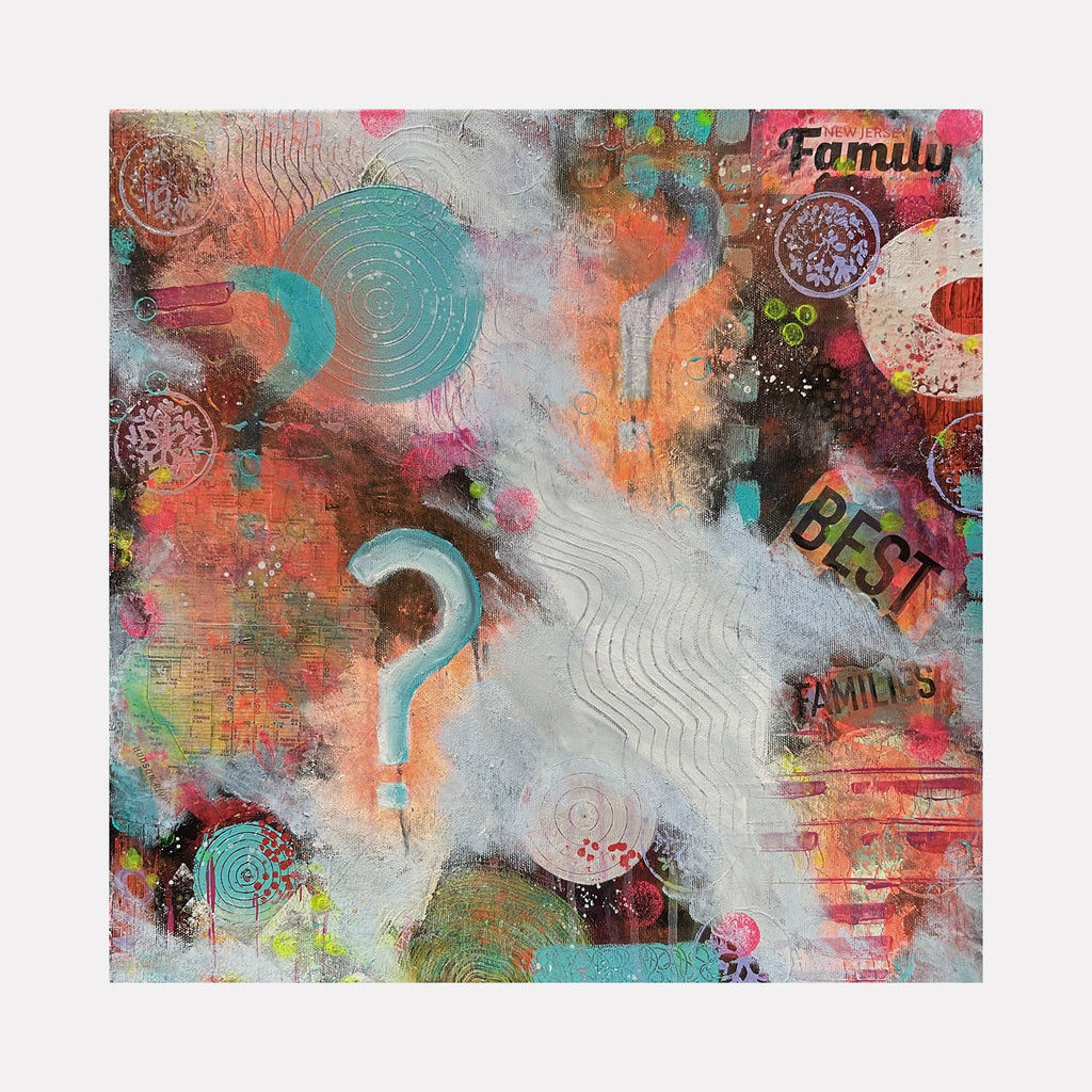 The artwork 'Decision' by Marta Nowicka features a vibrant mixed media composition with turquoise circles, coral accents, and textural white waves. Abstract collaged elements include text fragments 'Family' and 'Best', layered with circular patterns and gestural marks. The piece combines acrylic painting techniques with mixed media elements in a dynamic 20x20 inch canvas composition.