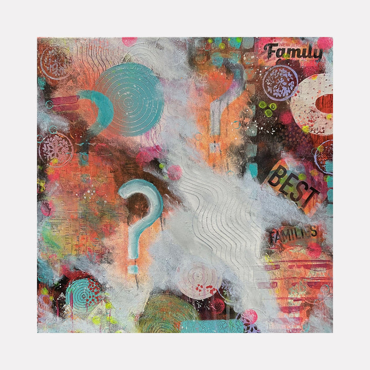 The artwork 'Decision' by Marta Nowicka features a vibrant mixed media composition with turquoise circles, coral accents, and textural white waves. Abstract collaged elements include text fragments 'Family' and 'Best', layered with circular patterns and gestural marks. The piece combines acrylic painting techniques with mixed media elements in a dynamic 20x20 inch canvas composition.