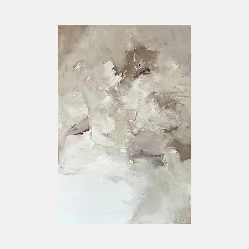The artwork 'Doves' by Kyria Fortina features an abstract composition in muted tones, combining soft greys and whites with subtle taupe undertones. Textured spackle and acrylic create dynamic brushstrokes and layered effects, suggesting ethereal movement against a light background. The technique produces a cloud-like appearance with organic forms blending seamlessly across the 36x24 inch canvas.