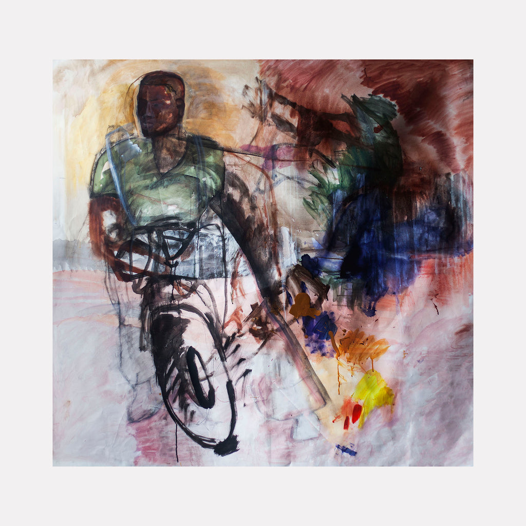 The artwork 'Dusty' features an expressive abstract composition with a figure rendered in gestural brushstrokes of muted green and black against a dynamic background of burgundy, blue, and yellow splashes. The 48x48 inch acrylic and graphite canvas demonstrates fluid movement and energetic mark-making, creating a sense of motion and emotional depth by Lauren Orscheln.