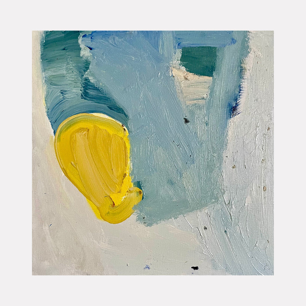 The artwork 'Ear' by Lauren Orscheln features an abstract yellow ear-like shape against a serene light blue background. The oil painting on masonite showcases bold brushstrokes and textural elements, with dynamic color contrast between the vibrant yellow form and cool blue tones. The 8x8 inch composition demonstrates an expressive, modern artistic style.