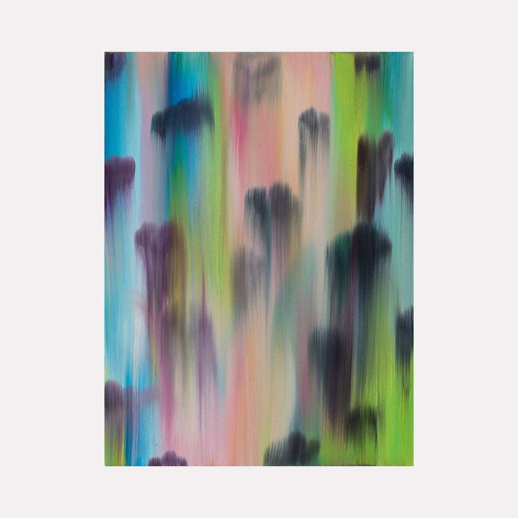 The artwork 'Excuse Me While I Kiss The Sky III' features vertical brushstrokes in vibrant neon colors including electric blue, lime green, soft pink, and deep purple, creating a mesmerizing abstract pattern with a dreamy, motion-blurred effect. Oil on canvas, 9x12 inches by Ketta Ioannidou.