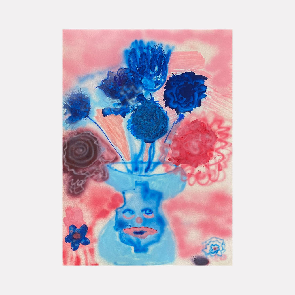 The artwork 'Flowers in Lego Land' features vibrant blue flowers in a whimsical vase against a dreamy pink background. The mixed media piece combines watercolor-like effects with bold strokes, creating a surreal floral composition on Bristol paper. The artwork showcases an abstract vase with playful features, complemented by delicate floral details. By Chancy Glance.