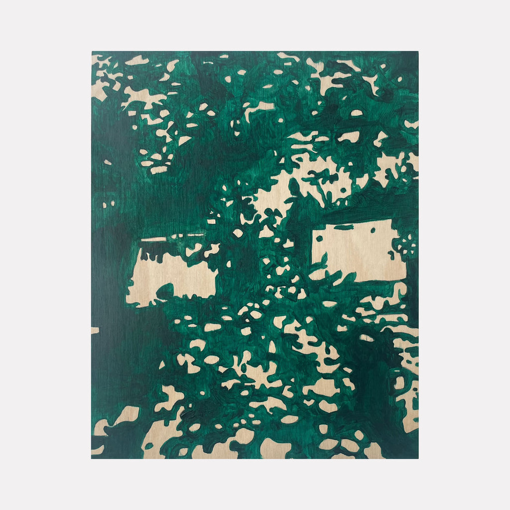 The artwork 'Forest Despair II' by Ellery Harkness features an abstract composition on wood panel with deep emerald green background punctuated by organic, light beige shapes suggesting dappled sunlight through dense forest canopy. The acrylic painting creates a dramatic interplay of light and shadow with textural brushwork by Ellery Harkness.
