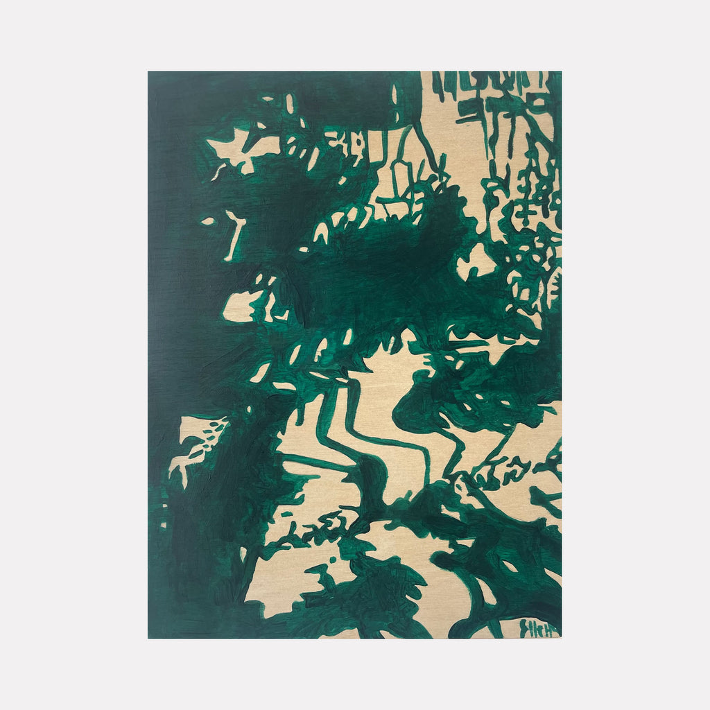 The artwork 'Forest Despair I' by Ellery Harkness features abstract shadows and silhouettes in deep forest green against a cream background, creating a mysterious interplay of organic shapes reminiscent of dense foliage and winding pathways. The acrylic on wood panel painting exhibits a dynamic contrast between light and dark, measuring 10x8 inches.