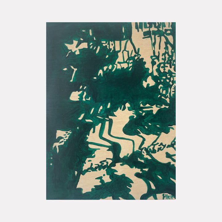 The artwork 'Forest Despair I' by Ellery Harkness features abstract shadows and silhouettes in deep forest green against a cream background, creating a mysterious interplay of organic shapes reminiscent of dense foliage and winding pathways. The acrylic on wood panel painting exhibits a dynamic contrast between light and dark, measuring 10x8 inches.