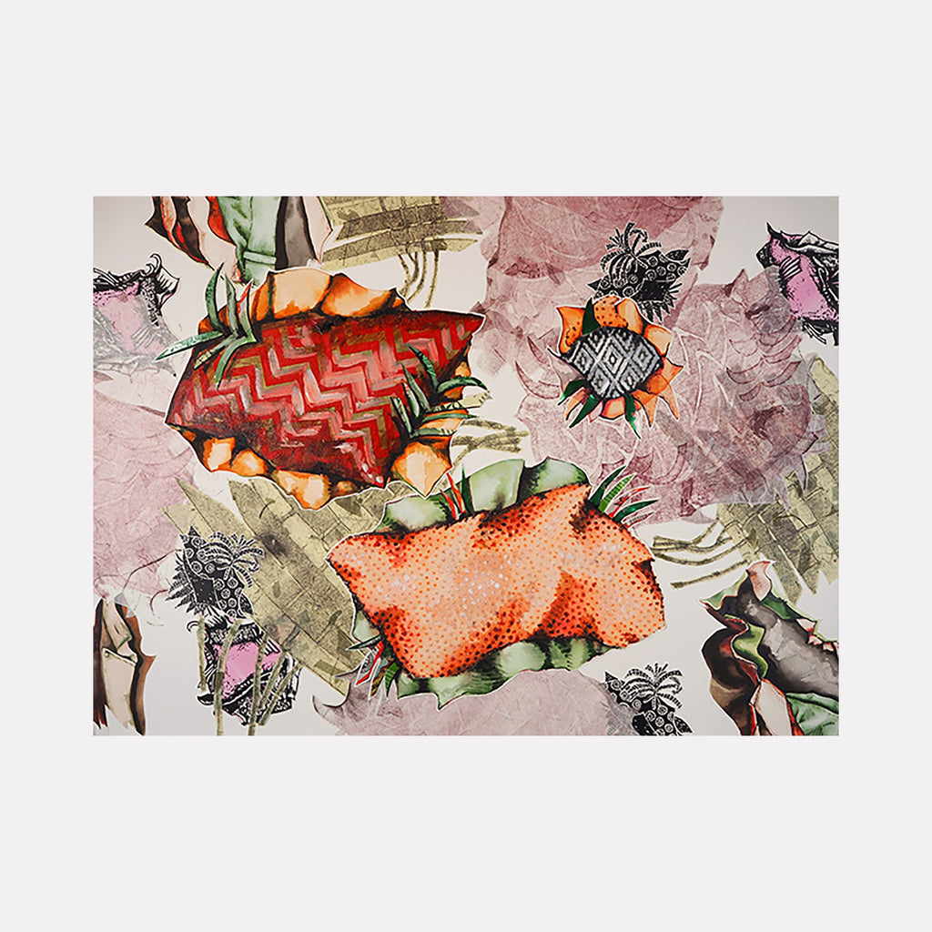 The artwork 'Girly Gothic' by Christina Massey features abstract collage elements with bold red zigzag patterns and coral-orange textured shapes against a soft pink and sage green background. Dark gothic-inspired motifs and delicate line drawings create contrast with whimsical decorative elements in this mixed media composition, blending feminine and edgy aesthetics.