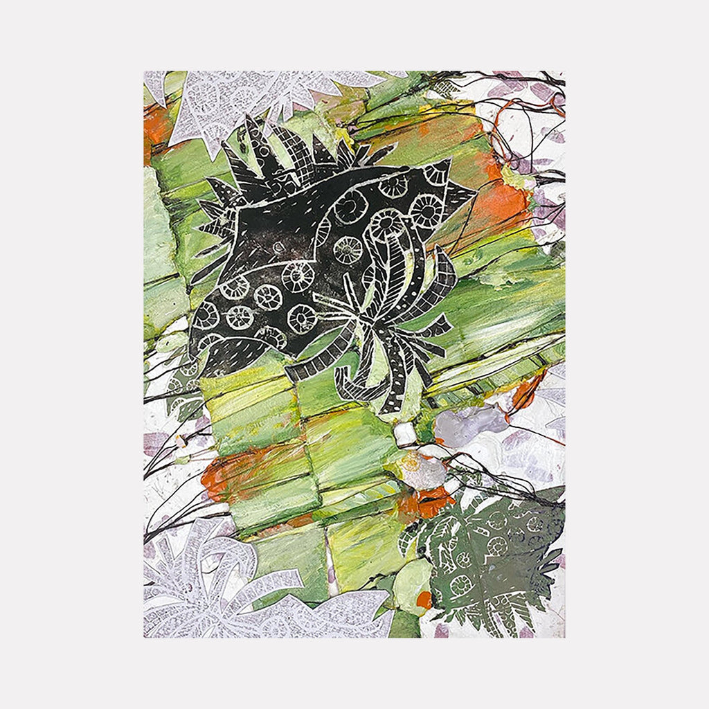 The artwork 'Grass is Greener' by Christina Massey features an abstract mixed media composition with a striking black botanical motif against vibrant green brushstrokes. The piece combines delicate line work with bold watercolor techniques, incorporating hints of orange and white accents. The central pattern shows intricate circular details and leaf-like elements, creating a dynamic contrast between organic and geometric forms. 9x12 mixed media o