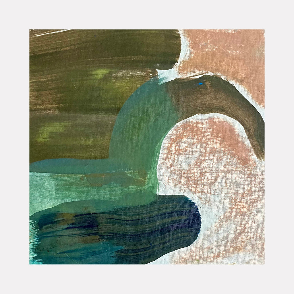 The artwork 'Green Moment' by Lauren Orscheln features abstract organic shapes in a harmonious blend of deep forest greens, soft peach, and turquoise tones. Bold brushstrokes create flowing curved forms against a gentle pink background, with textural elements characteristic of oil paint on masonite, measuring 8x8 inches.