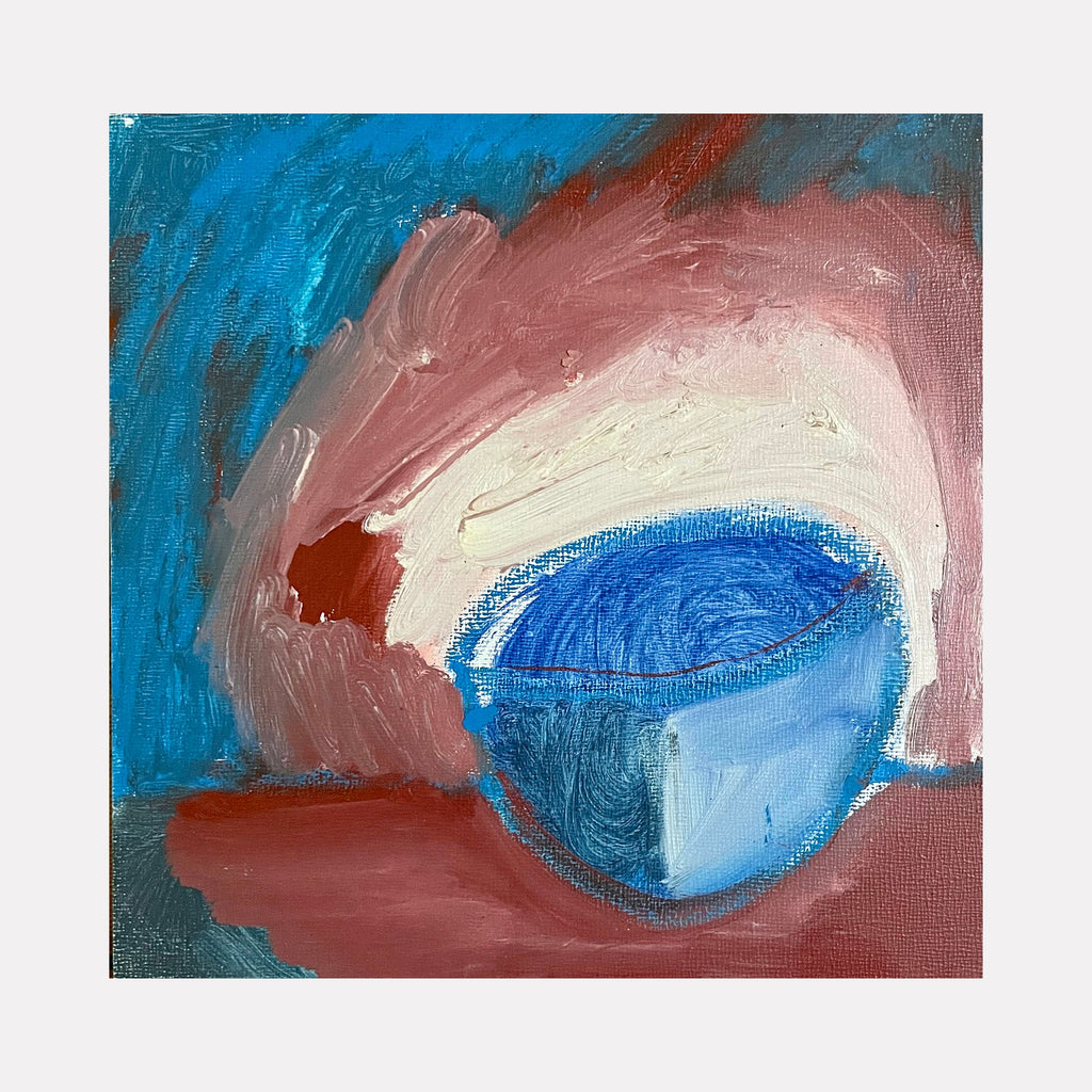 The artwork 'Halo Cuppa' by Lauren Orscheln features a vibrant abstract composition with a striking blue teacup against a dusty rose background. The oil painting showcases bold brushstrokes, creating a luminous halo effect around the cup. Textured impasto technique adds depth and movement, while the contrasting turquoise and pink tones create a dynamic interplay of warm and cool colors. 8x8 inches oil on masonite.