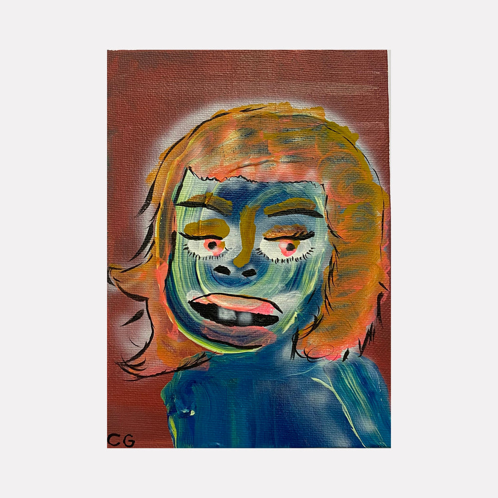 The artwork 'Hmm? Hmm?' by Chancy Glance features an expressionistic portrait with vibrant turquoise and orange tones. A stylized figure emerges against a warm russet background, created with bold acrylic brushstrokes and ink detailing on canvas panel. The composition showcases a whimsical, contemporary art style with contrasting cool and warm colors.