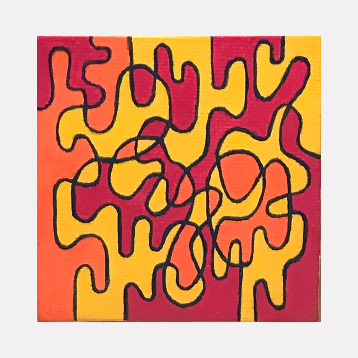 The artwork 'Burning Braid' by Joe Piscopia features abstract interlocking curved lines in black creating fluid, puzzle-like shapes against a vibrant backdrop of yellow, orange, and deep red hues. The 3x3 inch acrylic painting on canvas displays a dynamic interplay of warm colors and organic forms suggesting movement and energy.
