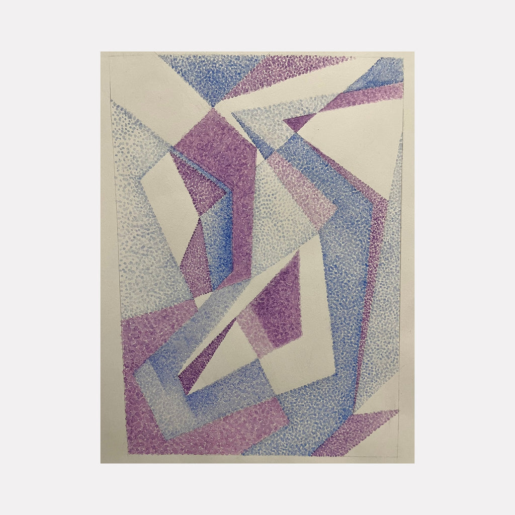 The artwork 'Shift' by Joe Piscopia features an abstract geometric composition with intersecting angular shapes in soft lavender, powder blue, and cream. Created in watercolor, the piece employs a pointillist technique that adds texture and depth to the fragmented forms, creating a delicate interplay of light and shadow across the 8.5 x 6 inch paper surface.