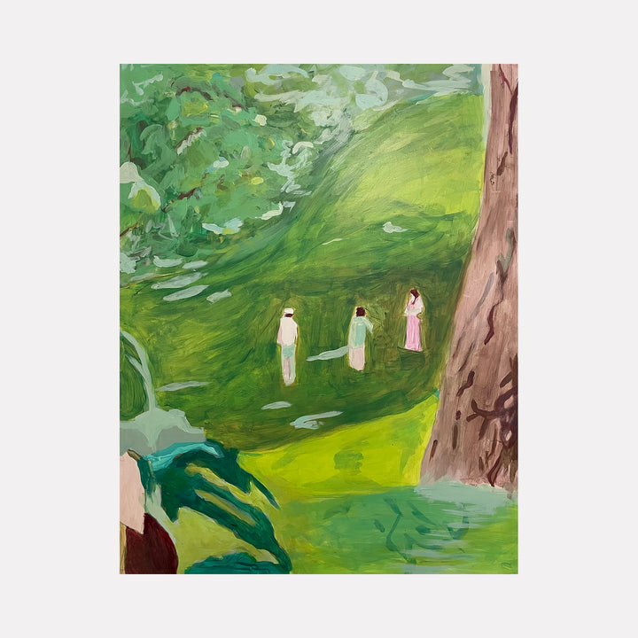 The artwork 'Iterations on a theme' features three ethereal figures in light garments standing on a vibrant green hillside. The scene is painted in expressive brushstrokes, with a large brown tree trunk to the right and lush foliage in varying shades of emerald and chartreuse. The acrylic painting on wood panel conveys a dreamy, pastoral atmosphere. By Ellery Harkness.