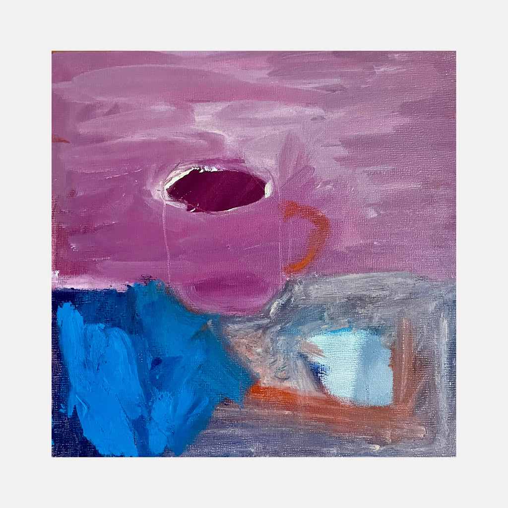 The artwork 'It's here (a cup)' by Lauren Orscheln features an abstract oil painting of a magenta coffee cup against a vibrant purple background. Bold brushstrokes create dynamic movement, while contrasting blue and gray shapes anchor the lower composition. The 8x8 inch masonite canvas showcases expressive, contemporary interpretive style.