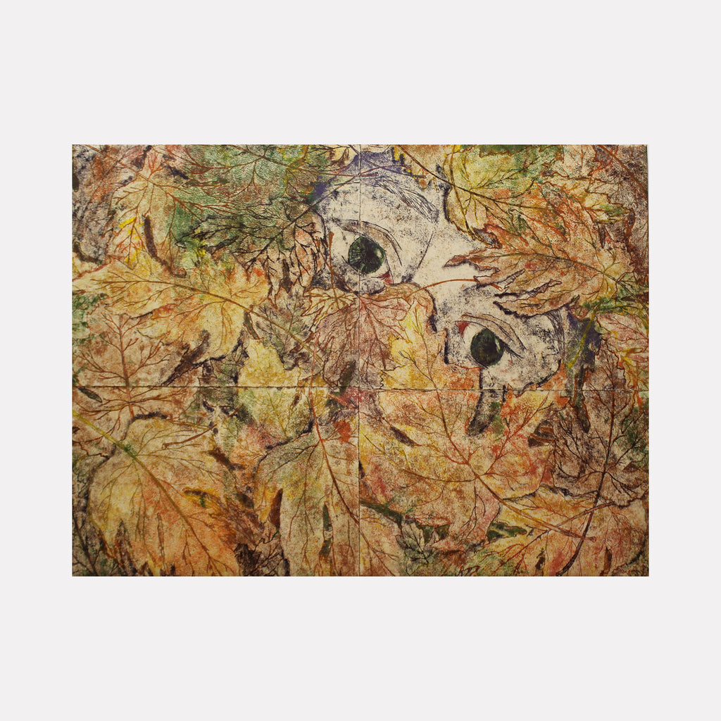 The artwork 'Bury Me Under' by Johanna Ryan features a haunting composition of autumn leaves in rich golden and russet tones, with two dark circular elements emerging through the organic textures. Created through trace monotype on paper, the piece presents layered botanical forms with delicate veining and natural patterns, measuring 30 x 40 inches.