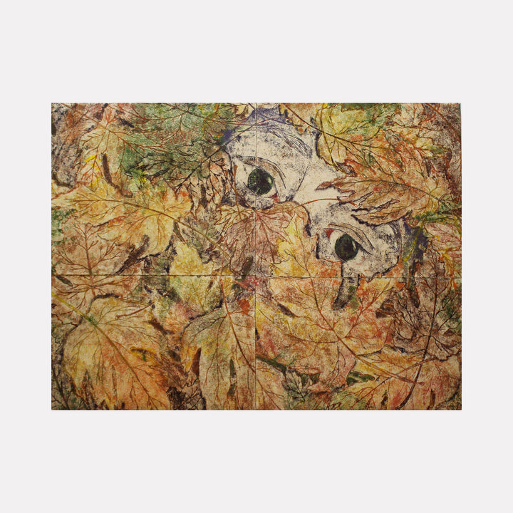 The artwork 'Bury Me Under' by Johanna Ryan features a haunting composition of autumn leaves in rich golden and russet tones, with two dark circular elements emerging through the organic textures. Created through trace monotype on paper, the piece presents layered botanical forms with delicate veining and natural patterns, measuring 30 x 40 inches.