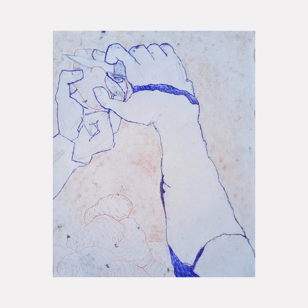 The artwork 'Hand Peeled' by Johanna Ryan features a minimalist line drawing in vibrant blue ink on pale paper, depicting a stylized hand in a peeling or unraveling motion. The trace monotype technique creates delicate, flowing lines against a textured background with subtle pink undertones. A contemporary abstract interpretation capturing gestural movement by Johanna Ryan.