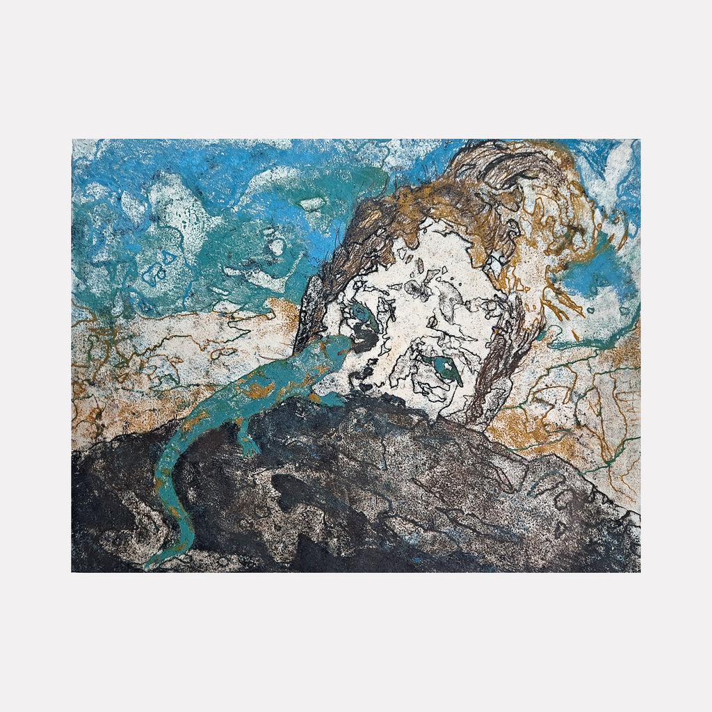 The artwork 'This Wetland Lizard' by Johanna Ryan features abstract swirling patterns in turquoise, brown, and white, creating a dynamic landscape-like composition. A trace monotype on paper, the piece showcases textural elements with organic flowing lines and mottled surfaces against a deep charcoal base, suggesting movement through a wetland environment.