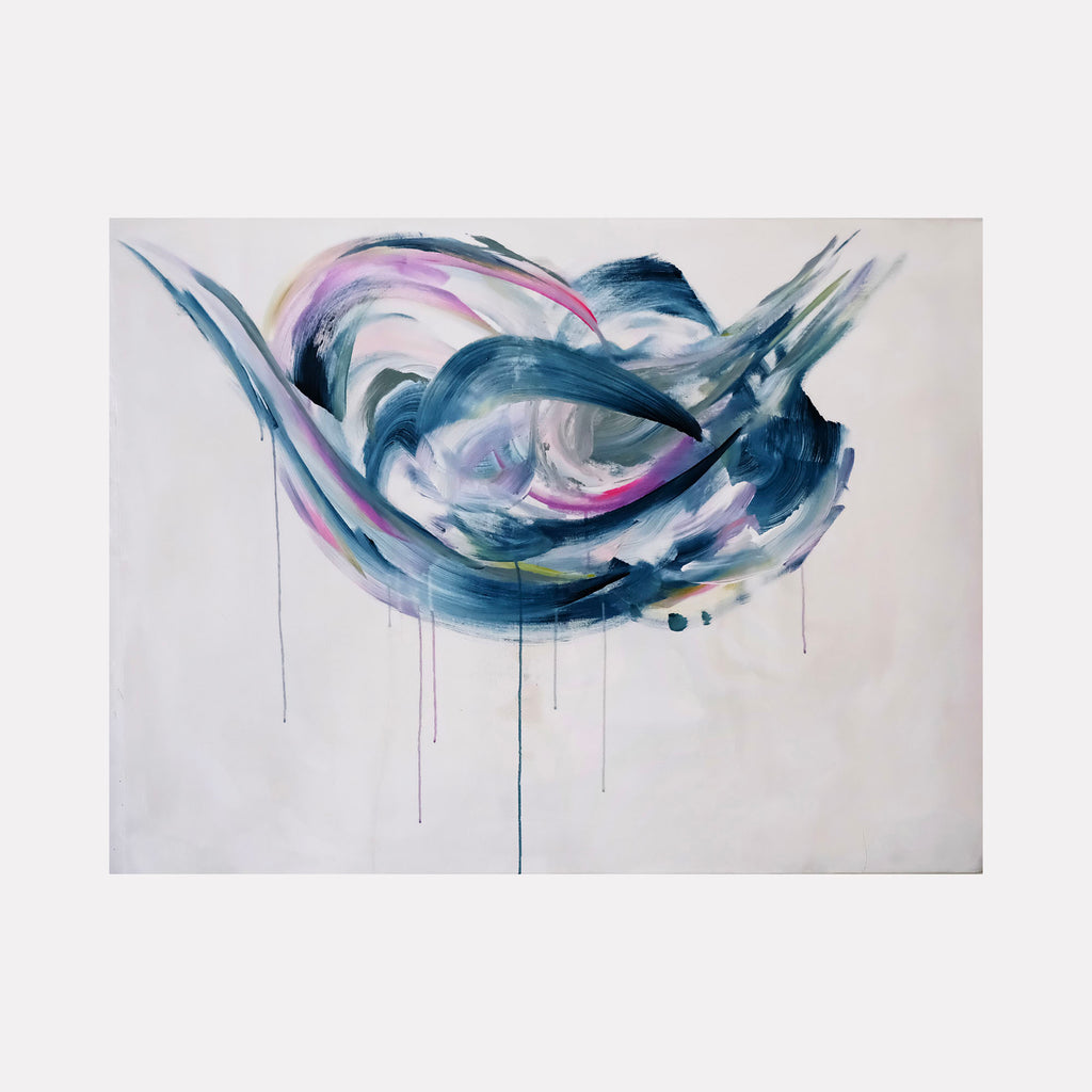 The artwork 'Cool Summer' features dynamic brushstrokes in swirling shades of navy blue and soft pink, creating an abstract wave-like motion against a white canvas. Flowing drip marks cascade downward, adding movement and depth to the gestural composition. Acrylic on canvas, 36x48 inches, by Kristin Gaudio Endsley.