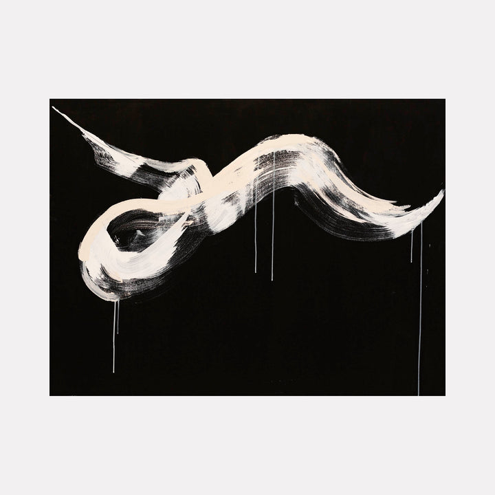 The artwork 'Midnight Waves' features bold white brushstrokes creating a dynamic serpentine form against a deep black background. The abstract painting showcases fluid, gestural movements with dripping paint effects, expressing movement and contrast through acrylic on canvas. By Kristin Gaudio Endsley.