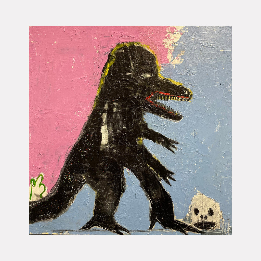 The artwork 'La bete's beast' by Andrew Chan features a dark, menacing creature with extended claws against a split pink and blue background. The beast, rendered in textured black oil and wax, has a distinctive elongated snout with visible teeth. A small skull-like figure appears in the lower right corner. The painting's raw, expressive style creates a striking contrast between the dark figure and vibrant background.