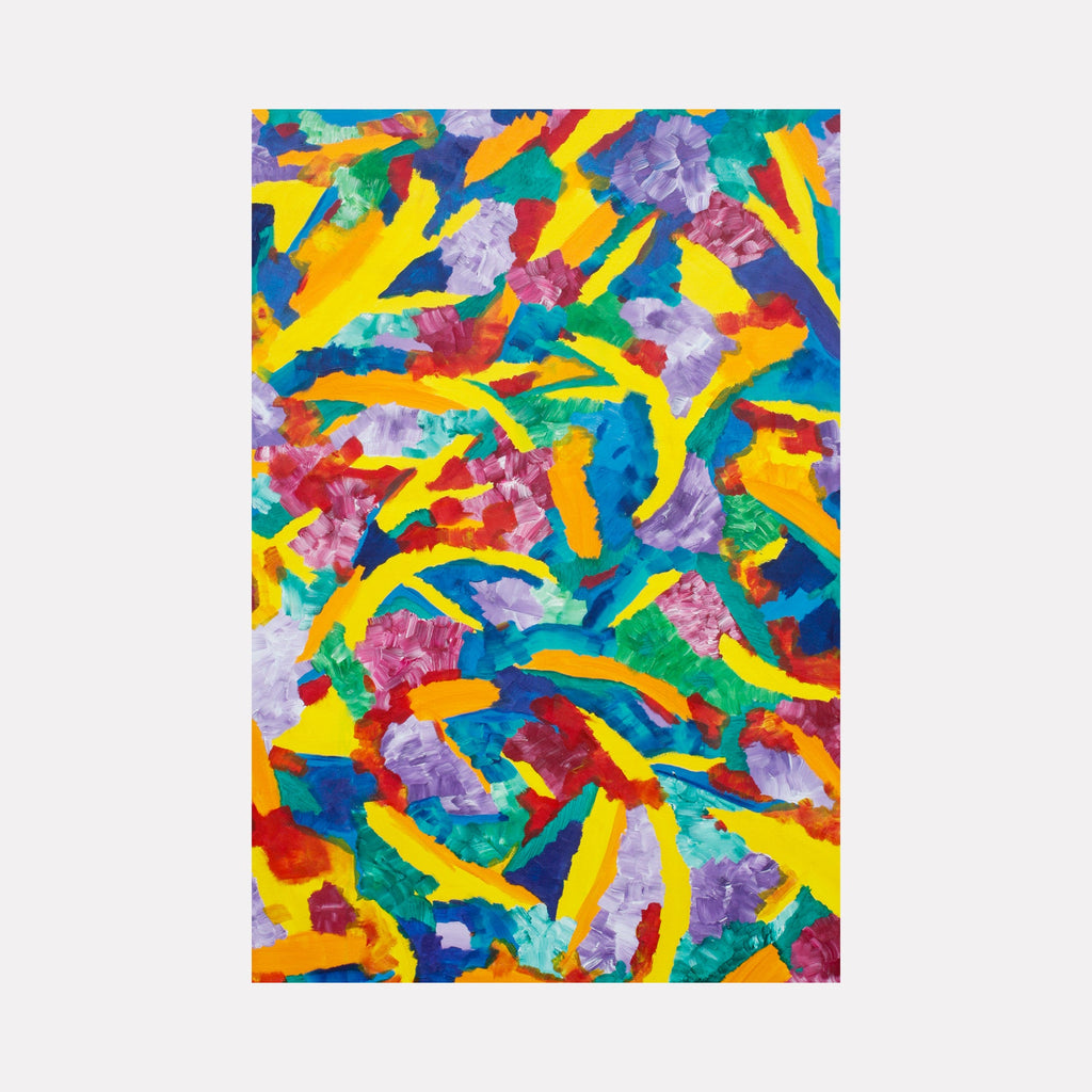 The artwork 'Landscape #2' by Aaron Hillebrand features vibrant abstract shapes in bold yellow, blue, red, and purple hues arranged in dynamic, sweeping brushstrokes. The acrylic painting on canvas creates a kaleidoscopic effect with interweaving curved forms and energetic color transitions, measuring 56 by 38 inches. by Aaron Hillebrand