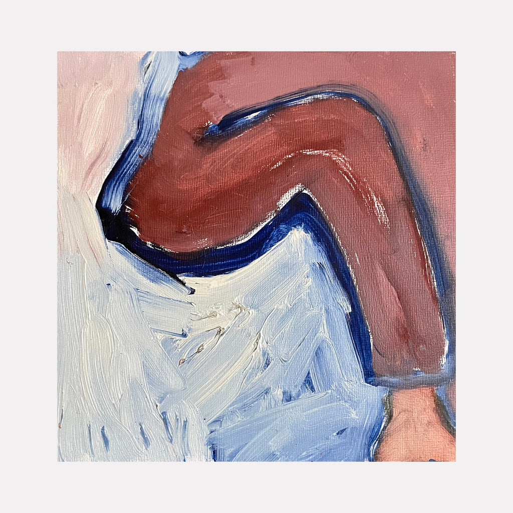 The artwork 'Legs' by Lauren Orscheln features bold abstract brushstrokes depicting a curved form in deep burgundy against a pale blue background. The oil painting showcases expressive gestural strokes with thick impasto texture, creating a dynamic composition of organic shapes in a minimalist style on masonite.