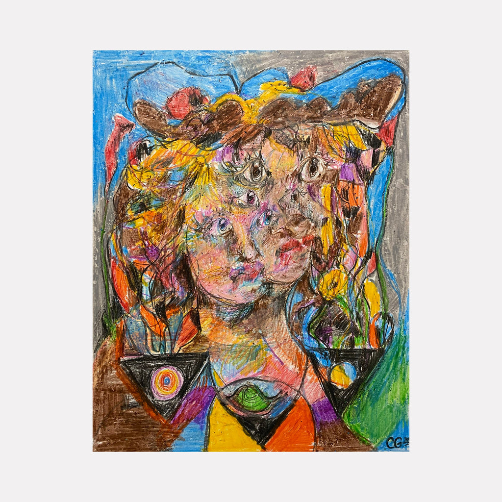The artwork 'Love Yer Garden' by Chancy Glance features a vibrant crayon drawing on bristol paper depicting an abstract figure surrounded by floral elements. Expressive strokes in bright blues, yellows, oranges, and browns create a whimsical garden atmosphere. The piece showcases energetic linework and dynamic color combinations in a folk art style. 14x11 inches by Chancy Glance.
