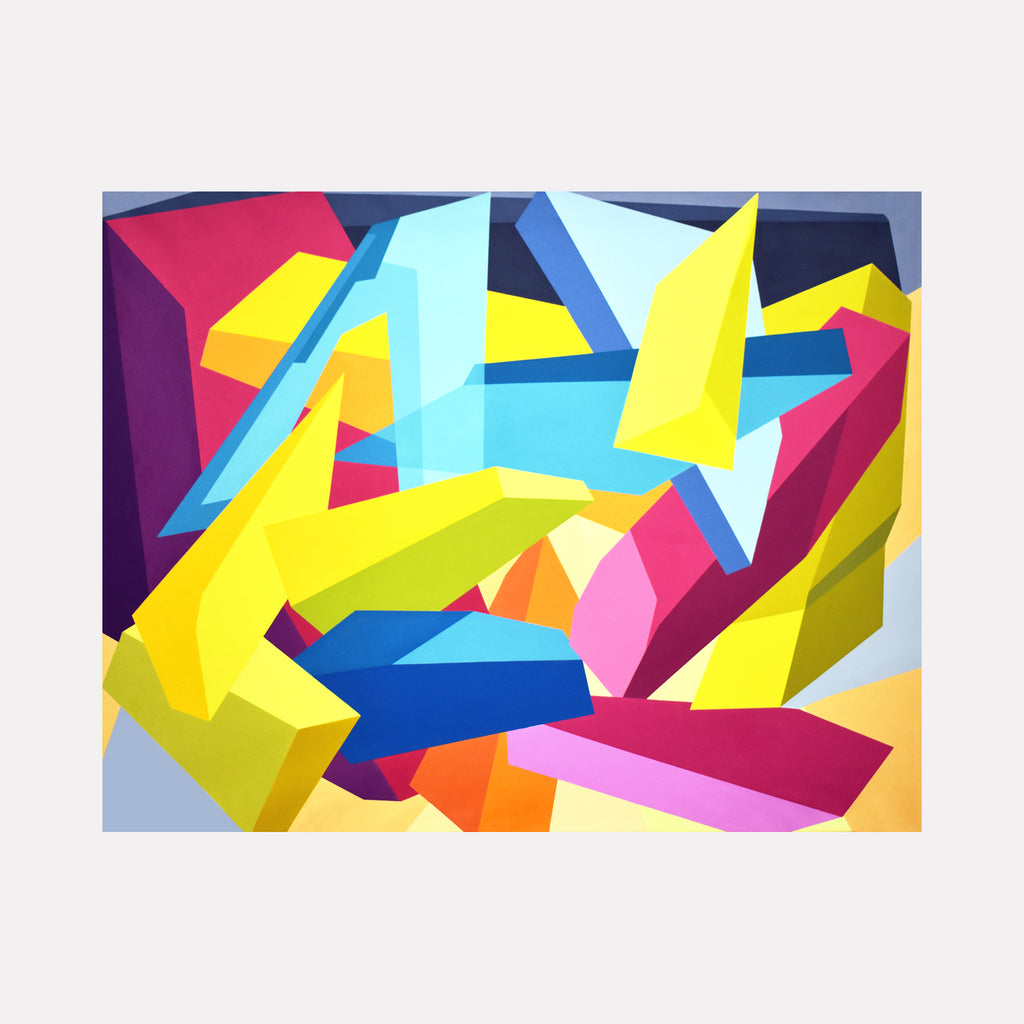 The artwork 'Meta of the Beta' by Kati Vilim features dynamic geometric abstraction with bold angular shapes in vibrant colors. Sharp yellow, pink, and blue crystalline forms intersect against a deep purple background, creating a three-dimensional effect. The oil on canvas composition showcases modern abstract expressionism with clean lines and striking color contrasts at 66x72 inches.