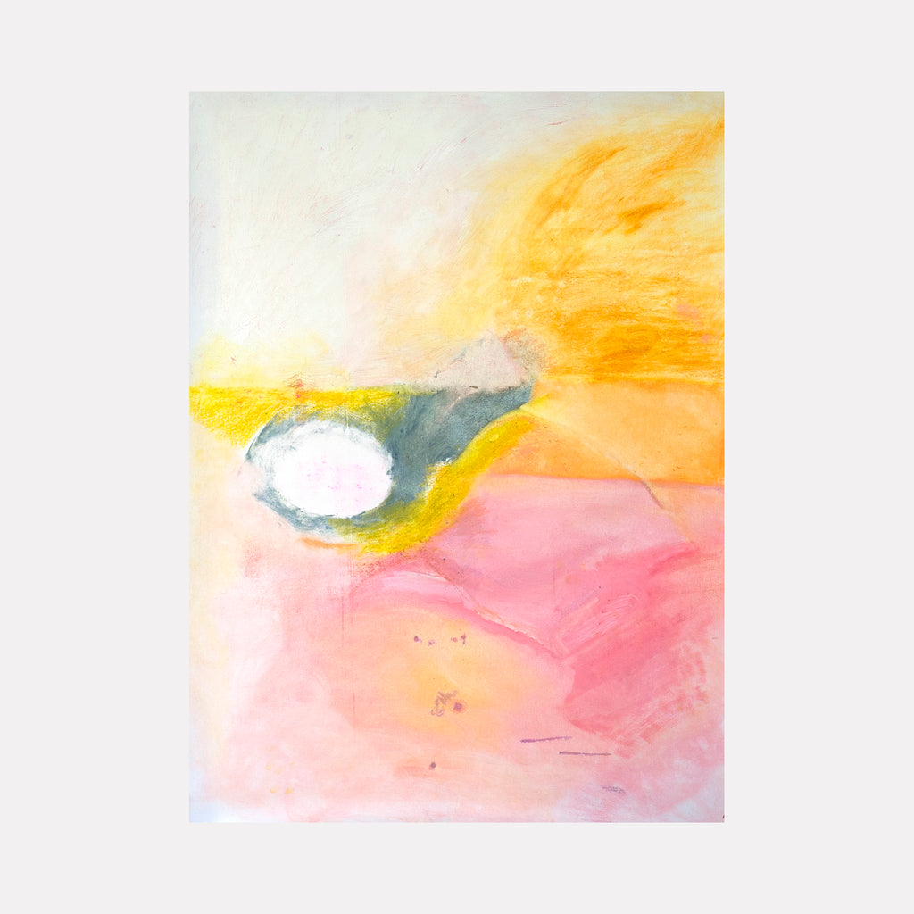 The artwork 'Milos in Brooklyn' by Lauren Orscheln features abstract expressionist composition with ethereal blends of warm orange, soft pink, and teal hues. A striking white circular form anchors the composition, surrounded by flowing brushstrokes and pastel textures. The oil and pastel on canvas creates a dreamlike landscape effect with dynamic color transitions.