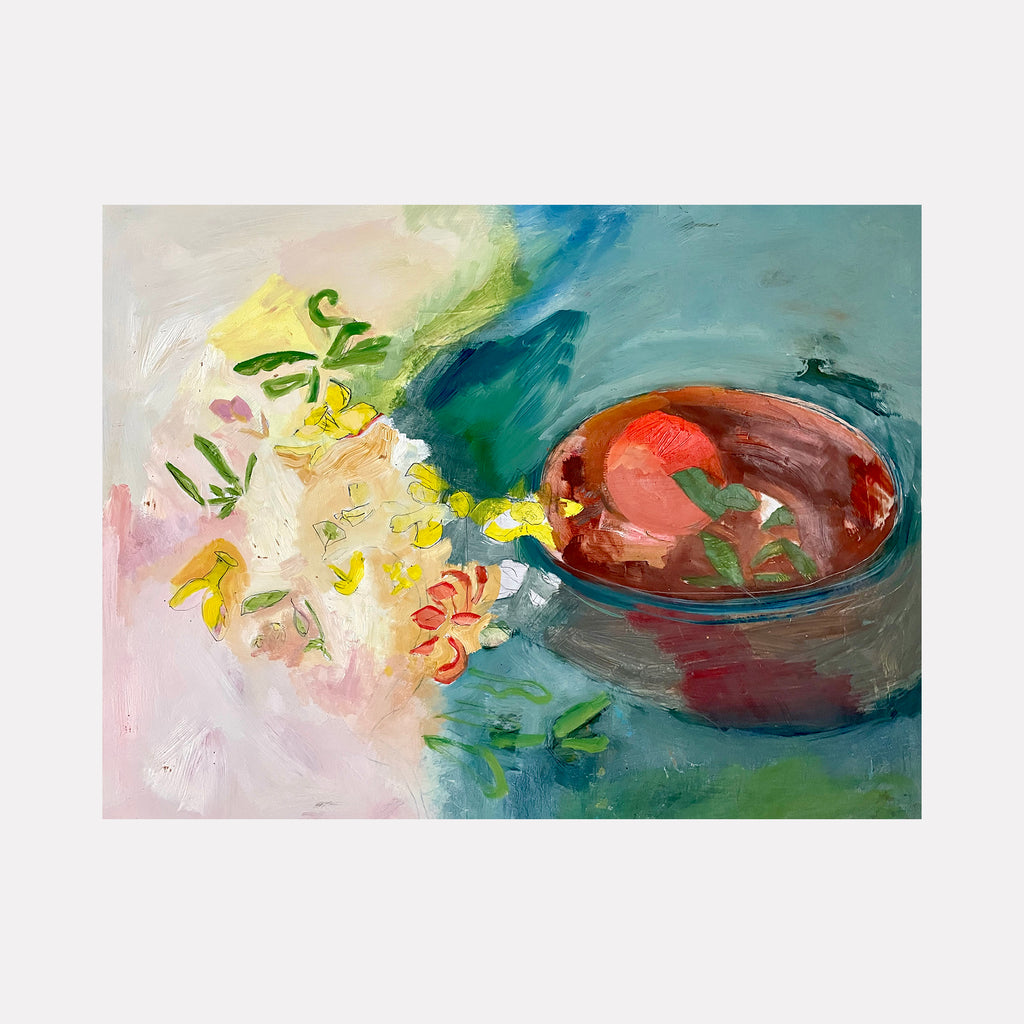 The artwork 'My Last Painting Without Fish' features vibrant yellow and pink flowers beside a deep red ceramic bowl against a turquoise-blue background. The oil painting showcases loose, expressive brushstrokes creating a dreamy, impressionistic style with delicate floral details and subtle light reflections on the bowl's surface. 24x30 inches oil on masonite by Lauren Orscheln.