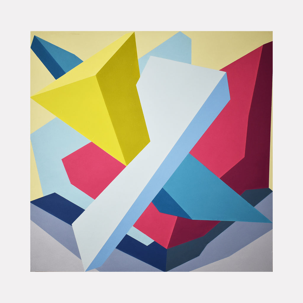 The artwork 'Nothing Personal' by Kati Vilim features a geometric abstract composition with bold angular shapes in vibrant colors. Sharp triangular forms in yellow, pink, and blue intersect against a pale cream background, creating dynamic spatial relationships. The clean lines and hard edges showcase a minimalist aesthetic rendered in oil on canvas over panel.