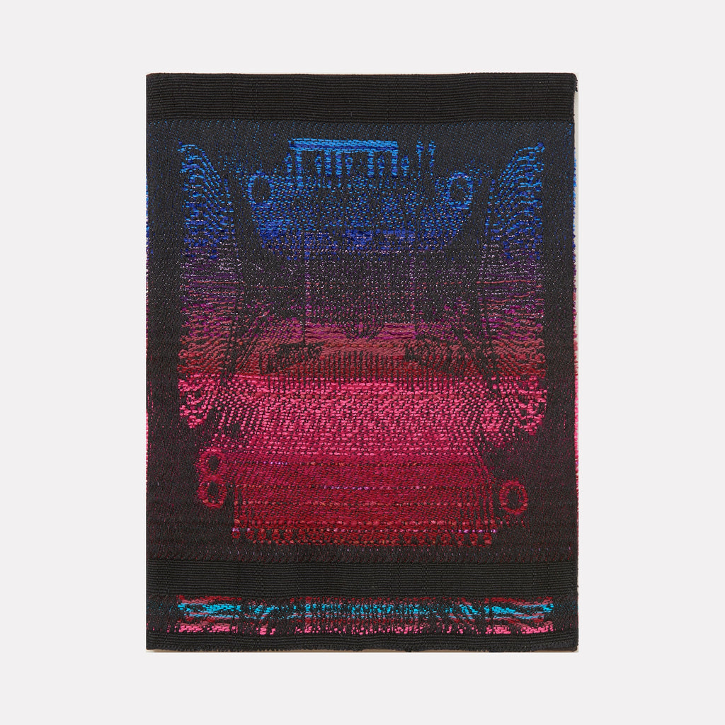 Opal Mesa Daggerwing by Robin Kang: Abstract handwoven tapestry featuring geometric wings in gradient blue to magenta against black background. Intricate textile artwork combines wool, chenille, and metallic yarns creating symmetrical patterns with digital-inspired motifs. Rich textural elements blend traditional weaving with contemporary design.