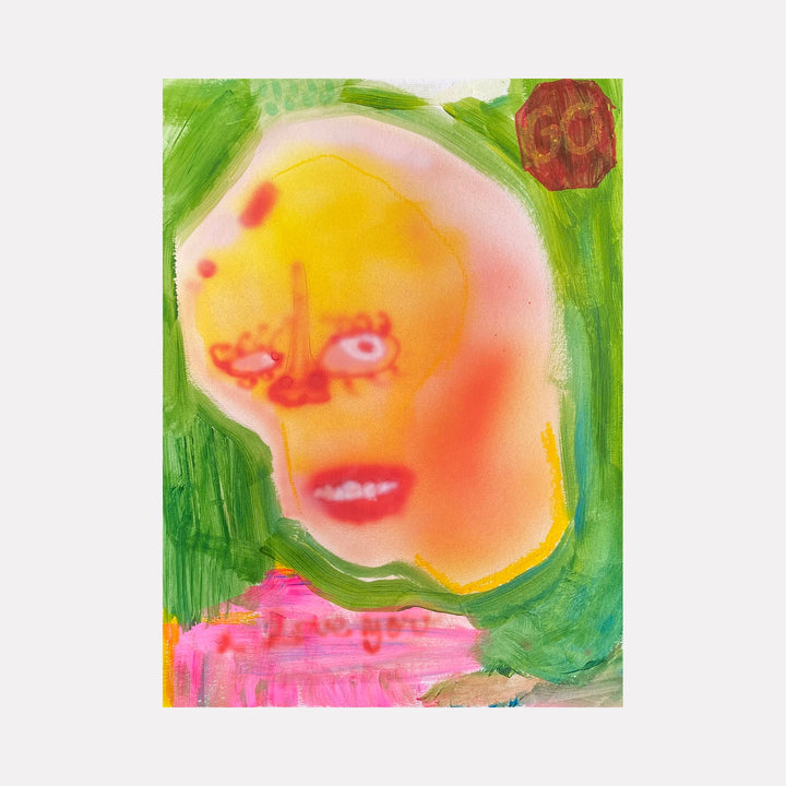 The artwork 'Opposite Day' by Chancy Glance features an abstract expressionist composition with a luminous yellow-orange form floating against a vibrant green background. Bold brushstrokes create a dreamlike portrait shape with pink and red accents, rendered in mixed media on paper. The piece combines fluid watercolor techniques with gestural marks in an 11x14 inch format by Chancy Glance.