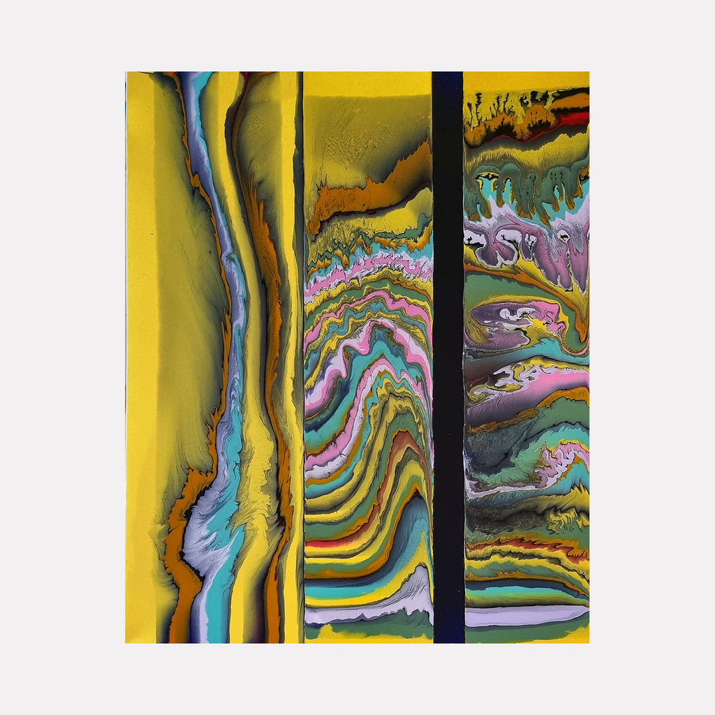 The artwork 'Out of Control No 2' by Sabrina Puppin features dynamic fluid patterns with swirling layers of vibrant glazes on canvas. Striking yellow dominates one side, while multicolored waves in turquoise, pink, and olive green create organic striations. The abstract composition suggests geological formations with its flowing lines and layered textures, measuring 30x24 inches. By Sabrina Puppin.