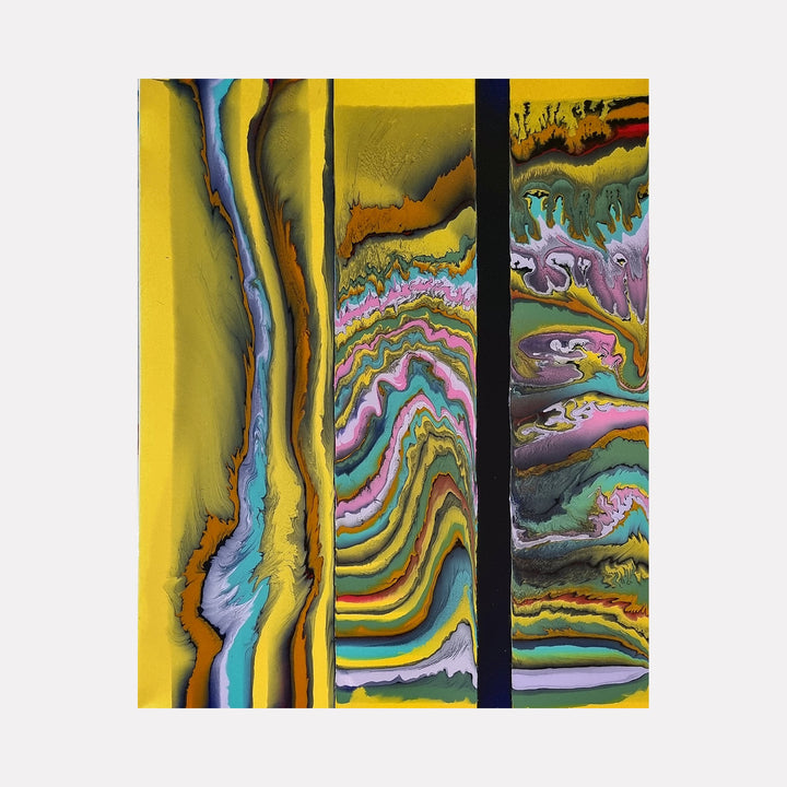 The artwork 'Out of Control No 2' by Sabrina Puppin features dynamic fluid patterns with swirling layers of vibrant glazes on canvas. Striking yellow dominates one side, while multicolored waves in turquoise, pink, and olive green create organic striations. The abstract composition suggests geological formations with its flowing lines and layered textures, measuring 30x24 inches. By Sabrina Puppin.