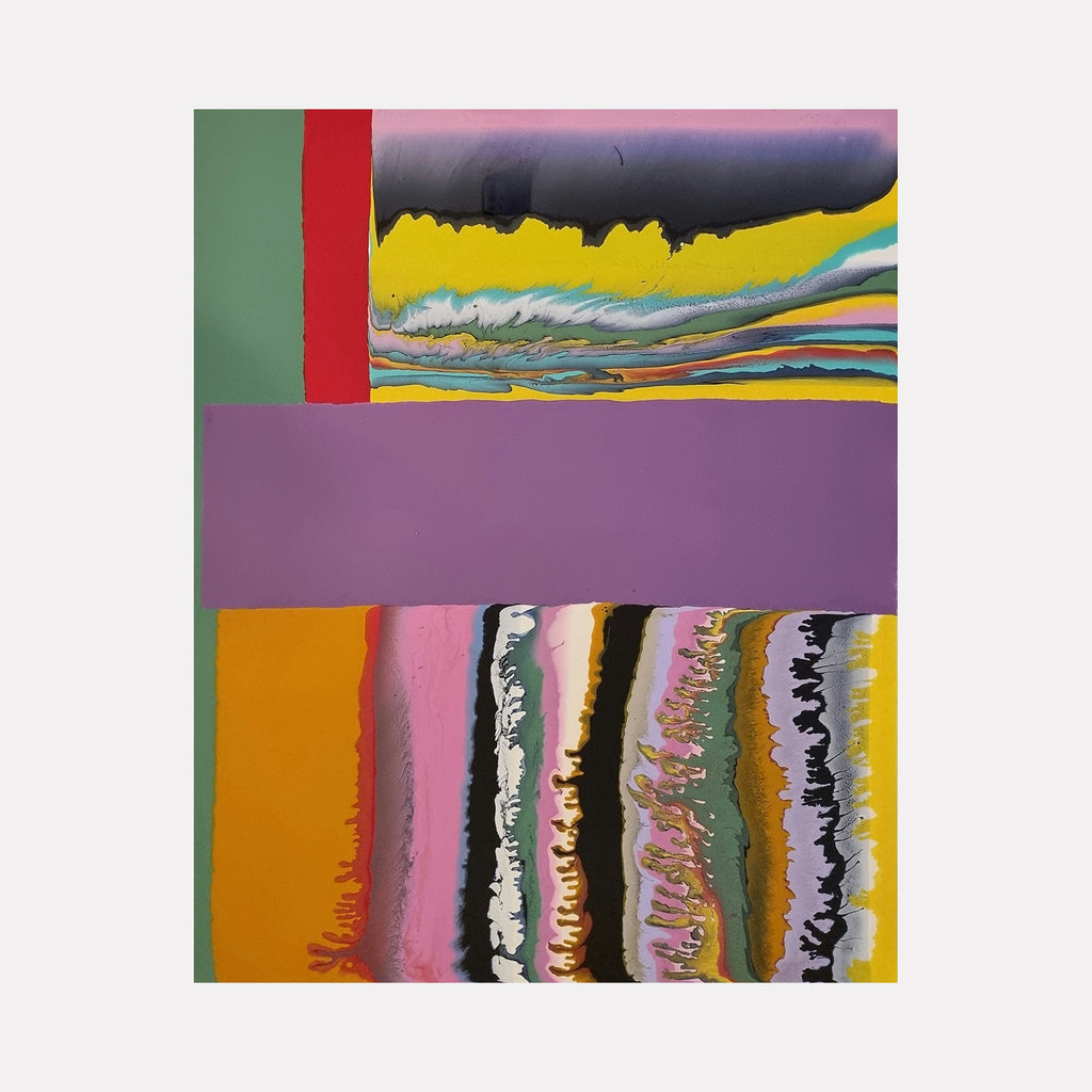The artwork 'Out of Control No 3' by Sabrina Puppin features abstract fluid stripes in vibrant colors including yellow, pink, purple, and orange. The composition is divided by a bold purple horizontal band, with organic flowing lines and marbled textures created with glazes on canvas. Dynamic color transitions and undulating patterns suggest movement and spontaneity. By Sabrina Puppin.