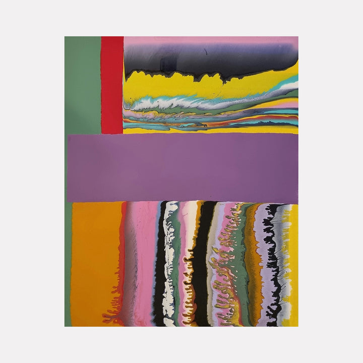 The artwork 'Out of Control No 3' by Sabrina Puppin features abstract fluid stripes in vibrant colors including yellow, pink, purple, and orange. The composition is divided by a bold purple horizontal band, with organic flowing lines and marbled textures created with glazes on canvas. Dynamic color transitions and undulating patterns suggest movement and spontaneity. By Sabrina Puppin.