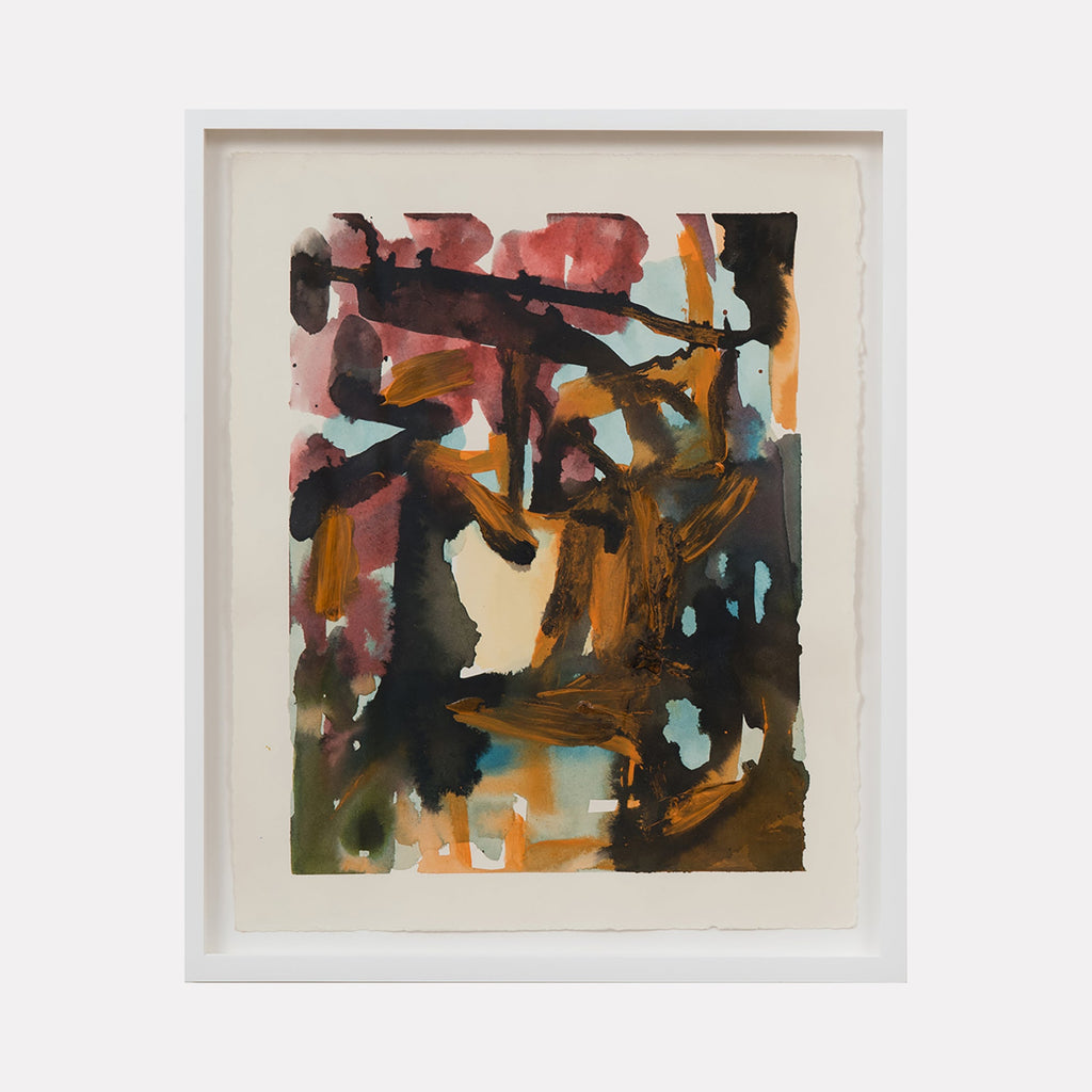 The artwork 'Overstory' by Molly Herman features abstract expressionist brushstrokes in rich autumn colors, combining deep browns, rust oranges, soft pinks, and touches of turquoise. The acrylic and watercolor piece creates dynamic movement through bold gestural marks, with dark angular forms contrasting against lighter areas, professionally presented in a white handmade frame.