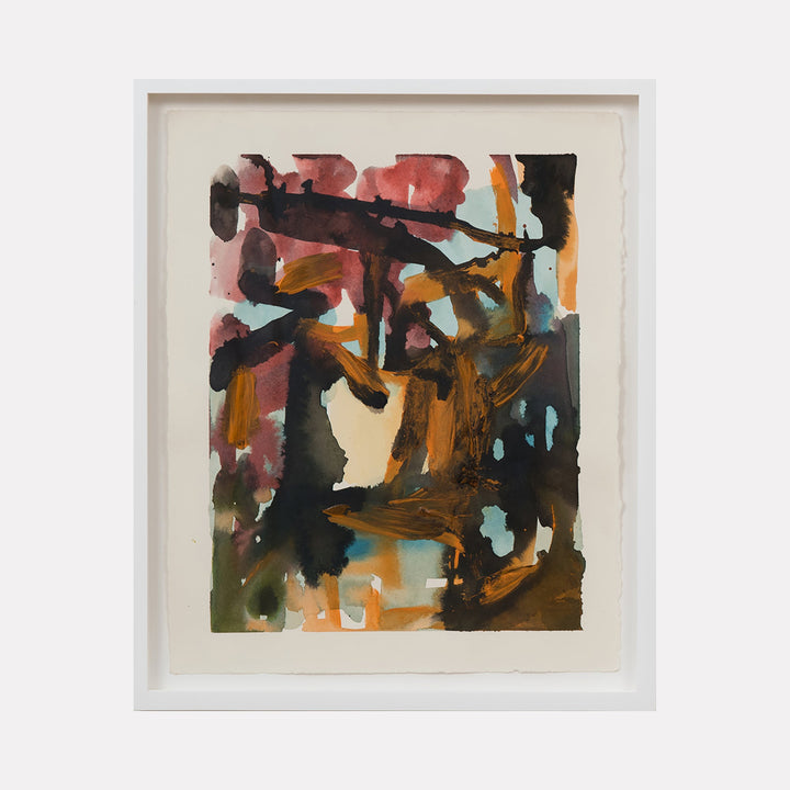 The artwork 'Overstory' by Molly Herman features abstract expressionist brushstrokes in rich autumn colors, combining deep browns, rust oranges, soft pinks, and touches of turquoise. The acrylic and watercolor piece creates dynamic movement through bold gestural marks, with dark angular forms contrasting against lighter areas, professionally presented in a white handmade frame.