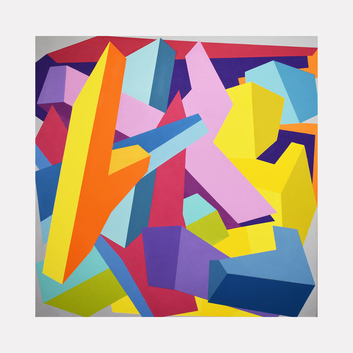 The artwork 'Overstory' by Kati Vilim features vibrant geometric abstraction with intersecting angular shapes in bold colors including yellow, orange, pink, blue, and purple. The oil on canvas composition creates a dynamic three-dimensional effect through overlapping forms and sharp contrasts, measuring 40x40 inches.