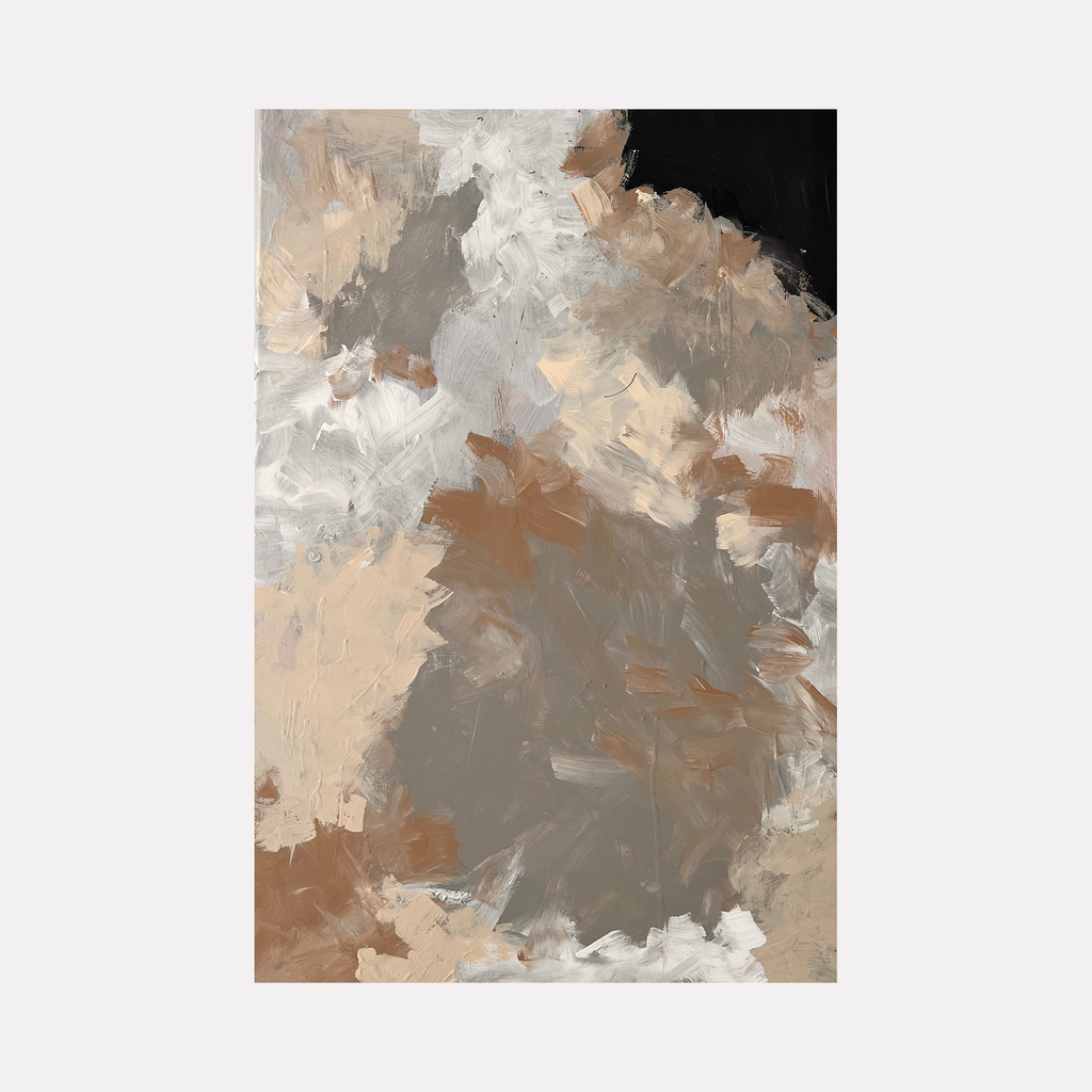 The artwork 'Parts' by Kyria Fortina features an abstract composition with dynamic brushstrokes in neutral tones. Swirling patterns of beige, gray, and warm brown blend together in an expressive acrylic painting. Bold textural elements and layered paint create depth and movement across the 36x24 inch stretched canvas, showcasing a contemporary abstract style.