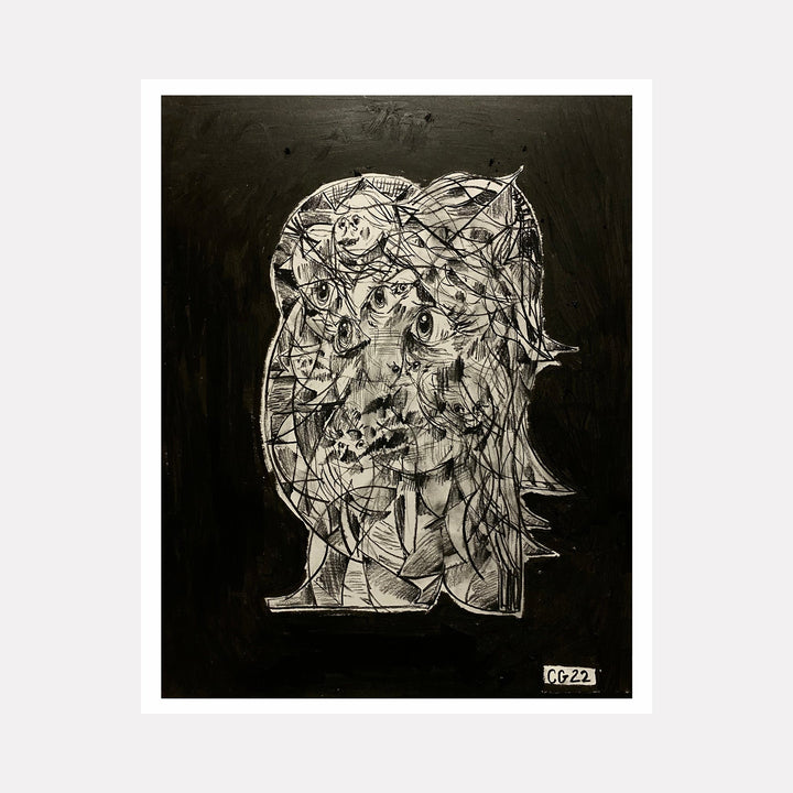 The artwork 'Peeking' by Chancy Glance features an abstract head silhouette composed of intricate geometric fragments and angular shapes rendered in charcoal and crayon on Bristol paper. Sharp lines and chaotic patterns create a fractured, cubist-style portrait against a dark background, showcasing dramatic contrast and textural depth. 14x11 inches by Chancy Glance.
